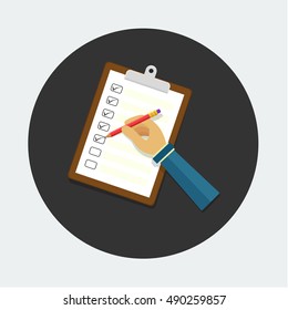 Hand holding clipboard with checklist and pencil