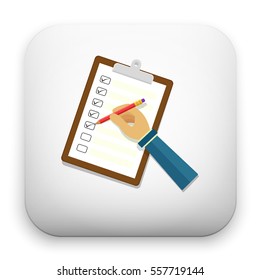 Hand holding clipboard with checklist and pencil