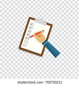 Hand holding clipboard with checklist and pencil