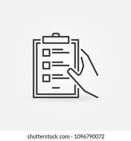 Hand holding clipboard with checklist vector minimal icon or design element in thin line style