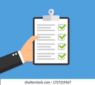Hand holding clipboard with checklist. Vector illustration
