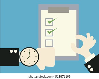 Hand holding clipboard with checklist. vector illustration.