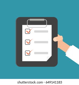 Hand holding clipboard checklist. Vector illustration isolated on background