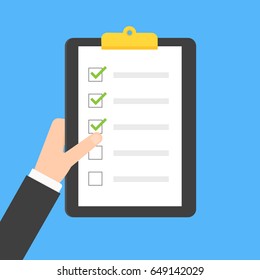 Hand holding clipboard checklist. Vector illustration isolated on background