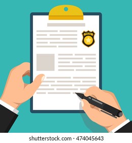 Hand Holding Clipboard With Completed Form For Police Report. Traffic, Parking Fine, Citation, Crime Report, Problems With Police, Subpoena Concepts. Flat Vector Illustration.