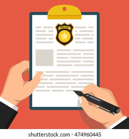 Hand holding clipboard with completed form for police report. Traffic, parking fine, citation, crime report, problems with police, subpoena concepts. Flat vector illustration.