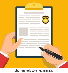 Hand holding clipboard with completed form for police report. Traffic, parking fine, citation, crime report, problems with police, subpoena concepts. Flat vector illustration.