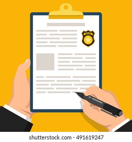 Hand holding clipboard with completed form for police report. Traffic, parking fine, citation, crime report, problems with police, subpoena concepts. Flat vector illustration.