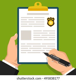 Hand Holding Clipboard With Completed Form For Police Report. Traffic, Parking Fine, Citation, Crime Report, Problems With Police, Subpoena Concepts. Flat Vector Illustration.