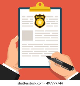 Hand Holding Clipboard With Completed Form For Police Report. Traffic, Parking Fine, Citation, Crime Report, Problems With Police, Subpoena Concepts. Flat Vector Illustration.