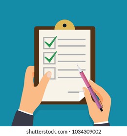Hand holding clipboard with delivery tracking check.  Flat design modern vector illustration concept.