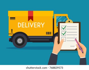 Hand holding clipboard with delivery tracking check.  Flat design modern vector illustration concept.