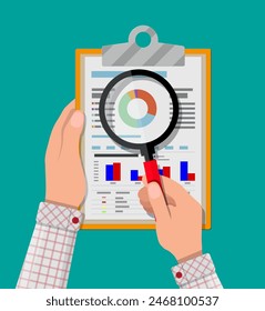 hand holding clipboard with financial reports and magnifying glass. vector illustration in flat design