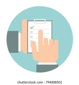 Hand holding clipboard and pointing to the checklist on it. Circle shaped icon