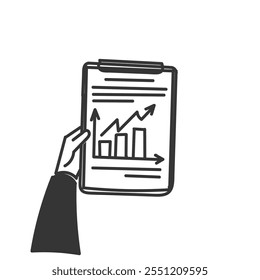 mão segurando a área de transferência com seta de crescimento gráfico de dados significativa no doodle