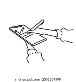 mão segurando a área de transferência com seta de crescimento gráfico de dados significativa no doodle