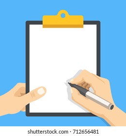 Hand holding clipboard with white blank sheet of paper and hand holding pen. Empty clipboard template. Modern flat design graphic elements. Vector illustration
