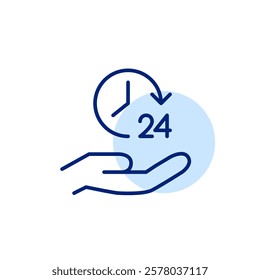Hand holding clock with 24 hours symbol. Constant care and support, customer hotline. Pixel perfect, editable stroke icon