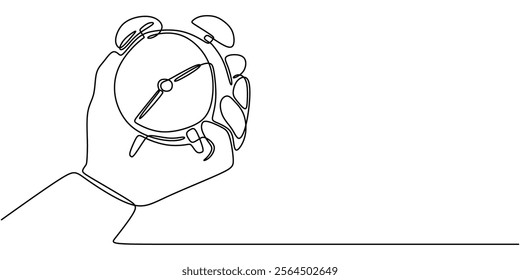 Hand holding a clock in continuous line drawing. A symbol of time, awareness, and the importance of the present moment. Vector illustration one line art minimalist.