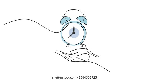 Hand holding a clock in continuous line drawing. Symbolizing the passage of time, awareness, and the fleeting nature of moments. Vector illustration one line art minimalist.