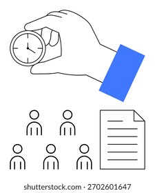 Hand hält Uhr fünf Personen Symbole, und Dokument. Ideal für Produktivität, Business, Teamarbeit, Termine, Organisation, Planung, Effizienz - Metapher