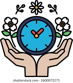 A hand holding a clock with flowers in the background. The clock is blue and the hands are pointing to the numbers 12 and 6. Concept of time passing