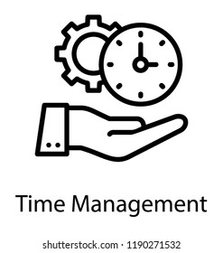 Hand holding a clock and a gear wheel, icon symbolising time management 