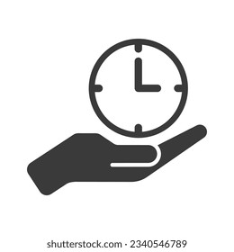 Hand holding clock glyph icon isolated on white background.Vector illustration.