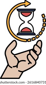 A hand holding a clock with the hands on the numbers 1 and 12. The clock is red and black
