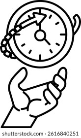A hand holding a clock with the hands pointing