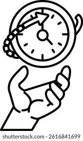 A hand holding a clock with the hands pointing to the numbers 1 and 12. The clock is red and white