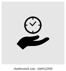 Hand holding up a clock icon in trendy flat style isolated on grey background, modern symbol vector illustration for web