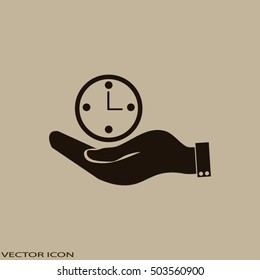hand holding a clock. Icon watch. time