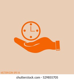 hand holding a clock. Icon watch. time