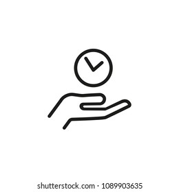Hand holding clock line icon. Person, watch, palm. Timing concept. Can be used for topics like personal schedule, time management, planning.