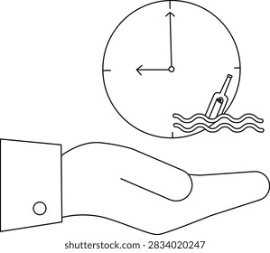 A hand holding a clock with a message in a bottle floating in water, symbolizing time and communication.