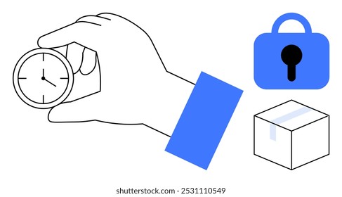 Hand holding a clock next to a blue lock and a box. Ideal for time management, security, punctuality, logistics, delivery. Clean vector style with simple and clear visuals