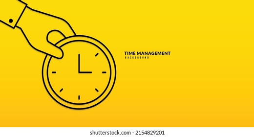Hand, die die Uhr in dünner Linie hält, Zeichenhintergrund. Zeitmanagement und Selbstorganisation