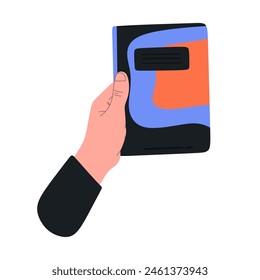 Hand holding closed book. Concept of education, study, learning and knowledge. Human hand or student takes textbook isolated on white background. Colored flat vector illustration