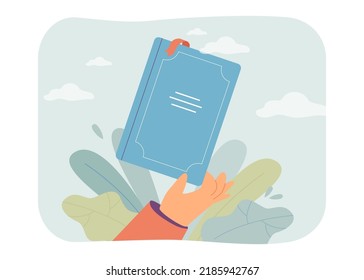 Hand Holding Closed Book Or Diary With Bookmark. Bookshop Or Library, Person With Textbook Or Notebook Flat Vector Illustration. Creativity, Literature, Education Concept For Banner Or Landing Page