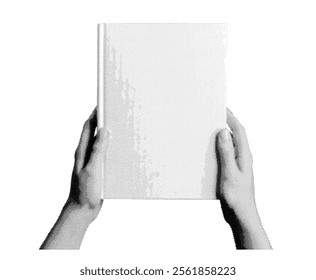 Hand holding a closed book, education, reading, and literature. Retro, vintage grayscale design with halftone texture. Vector illustration isolated on white background.