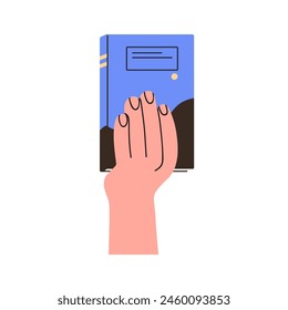 Hand holding closed book. Presenting academic paper literature, knowledge. Arm showing abstract education textbook, recommending to read, study. Flat vector illustration isolated on white background