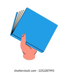 Hand holding closed book. Read more. Bookstore, library, book shop illustration. Literature, dictionaries, encyclopedias, planners.