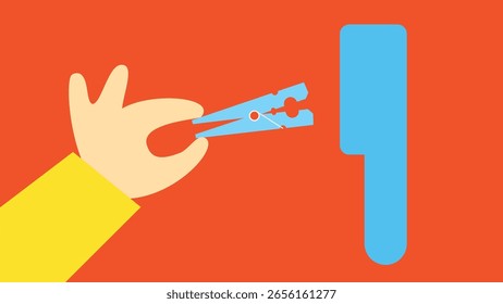 Hand, die eine Wäscheklammer hält. Vektorgrafik im flachen Design.