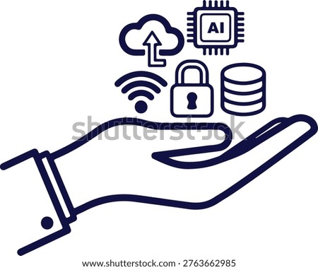 Hand holding cloud AI Wi- Fi lock and database icons technology copy space and clean background