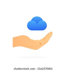 Hand holding cloud icon. Realistic hand. White background. Vector illustration.
