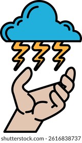 A hand is holding a cloud with lightning bolts. Concept of danger and unpredictability, as the lightning bolts suggest a storm is approaching