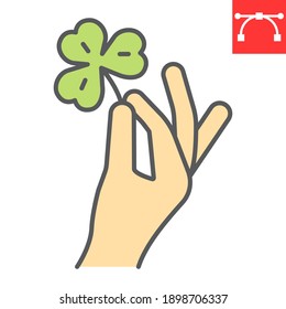 Hand holding clover color line icon, St. Patricks day and holiday, hand hold lucky clover vector icon, vector graphics, editable stroke filled outline sign, eps 10