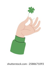 Hand holding clover leaf luck symbol. Hand drawn arm with green fortune four-leaf clover for good luck. Traditional Irish symbol of St. Patrick. Flat vector illustration isolated on white background.