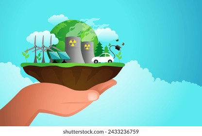 Hand holding a clump of soil with eco friendly green energy icon. Combines symbols of wind power, nuclear energy, and solar panels, representing a harmonious synergy towards sustainable solutions